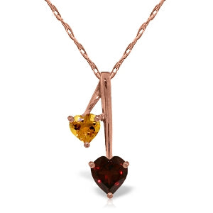 14K Solid Rose Gold Hearts Necklace w/ Natural Garnet & Citrine