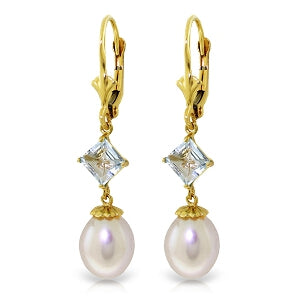 9.5 Carat 14K Solid Yellow Gold Love And Intrigue Aquamarine Pearl Earrings