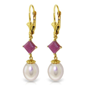 9.5 Carat 14K Solid Yellow Gold Leverback Earrings Natural Pearl Ruby