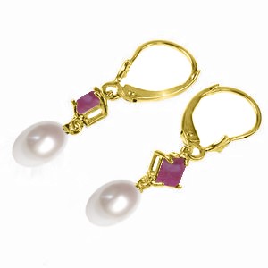 9.5 Carat 14K Solid Yellow Gold Leverback Earrings Natural Pearl Ruby