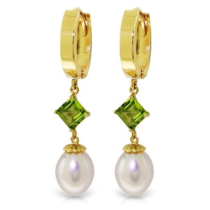 9.5 Carat 14K Solid Yellow Gold Hoop Earrings Natural Pearl Peridot