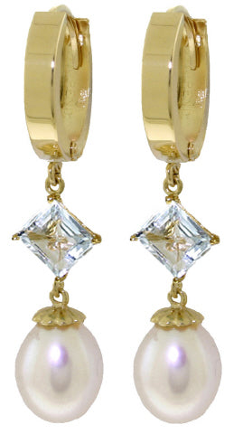 9.5 Carat 14K Solid White Gold Hoop Earrings Natural Pearl Aquamarine