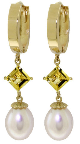 9.5 Carat 14K Solid White Gold Hoop Earrings Natural Pearl Citrine