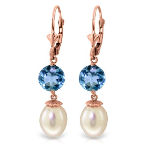 11.1 Carat 14K Solid Rose Gold Elegance Pearl Blue Topaz Earrings