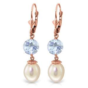 11.1 Carat 14K Solid Rose Gold Elegance Pearl Aquamarine Earrings