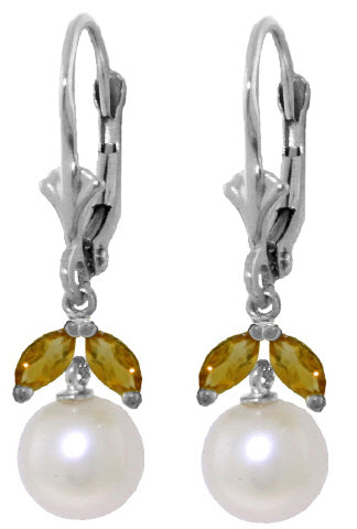 4.4 Carat 14K Solid Yellow Gold Leverback Earrings Pearl Citrine