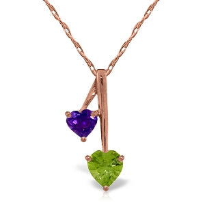 14K Solid Rose Gold Hearts Necklace w/ Natural Amethysts & Peridot