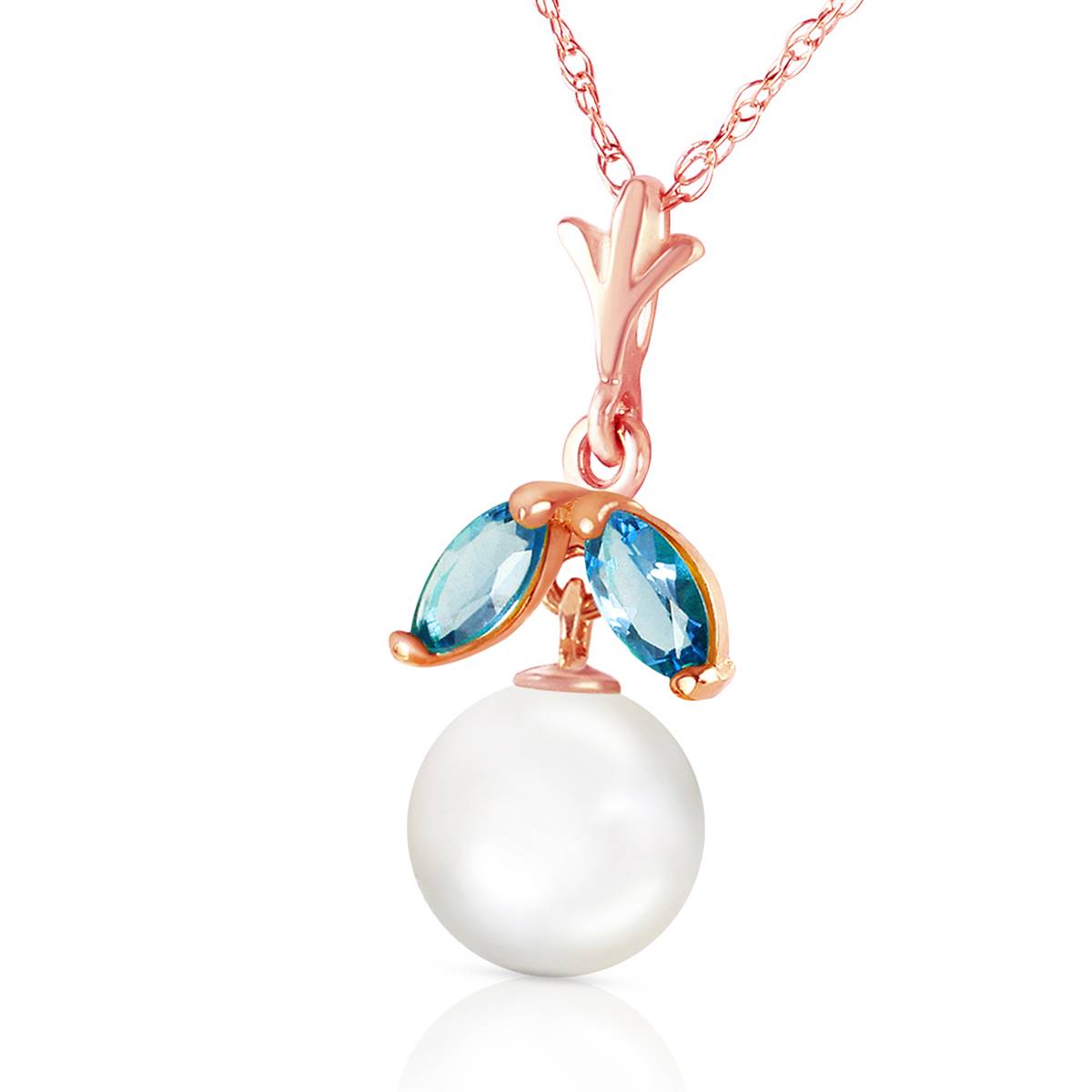 14K Solid Rose Gold Natural Pearl & Blue Topaz Necklace Gemstone