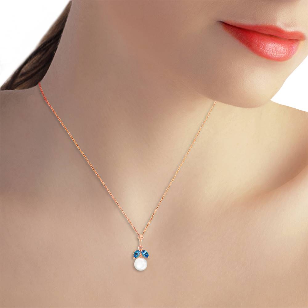 14K Solid Rose Gold Natural Pearl & Blue Topaz Necklace Gemstone