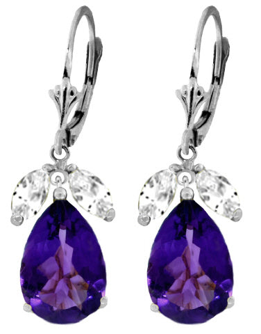 13 Carat 14K Solid Yellow Gold Leverback Earrings Amethyst White Topaz