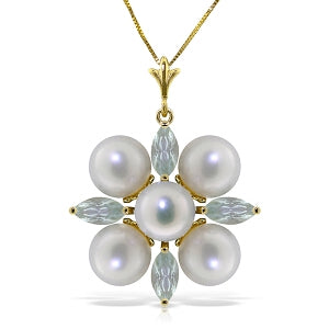 6.3 Carat 14K Solid Yellow Gold White Night Aquamarine Pearl Necklace