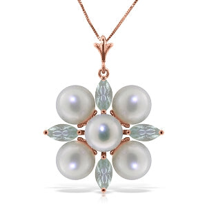 6.3 Carat 14K Solid Rose Gold Necklace Aquamarine Pearl