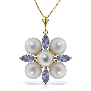 6.3 Carat 14K Solid Yellow Gold Fortune Is A Wisdom Tanzanite Pearl Necklace