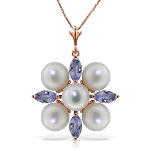 6.3 Carat 14K Solid Rose Gold Necklace Tanzanite Pearl