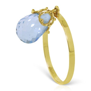 3 Carat 14K Solid Yellow Gold Ring Dangling Briolette Blue Topaz