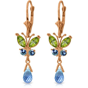 14K Solid Rose Gold Butterfly Earrings w/ Peridot & Blue Topaz
