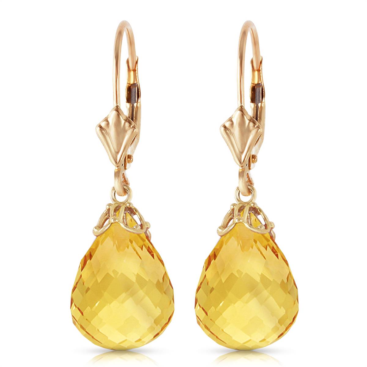 14 Carat 14K Solid Yellow Gold Leverback Earrings Briolette Citrine