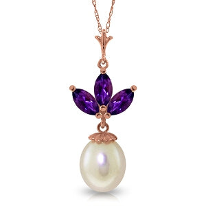 14K Solid Rose Gold Necklace w/ Pearl & Amethyst