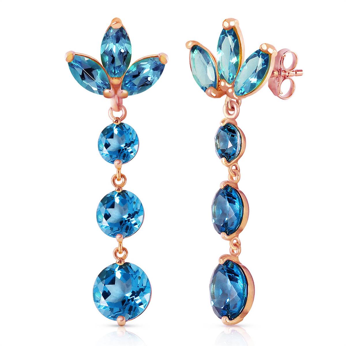 14K Solid Rose Gold Dangling Earrings w/ Natural Blue Topaz