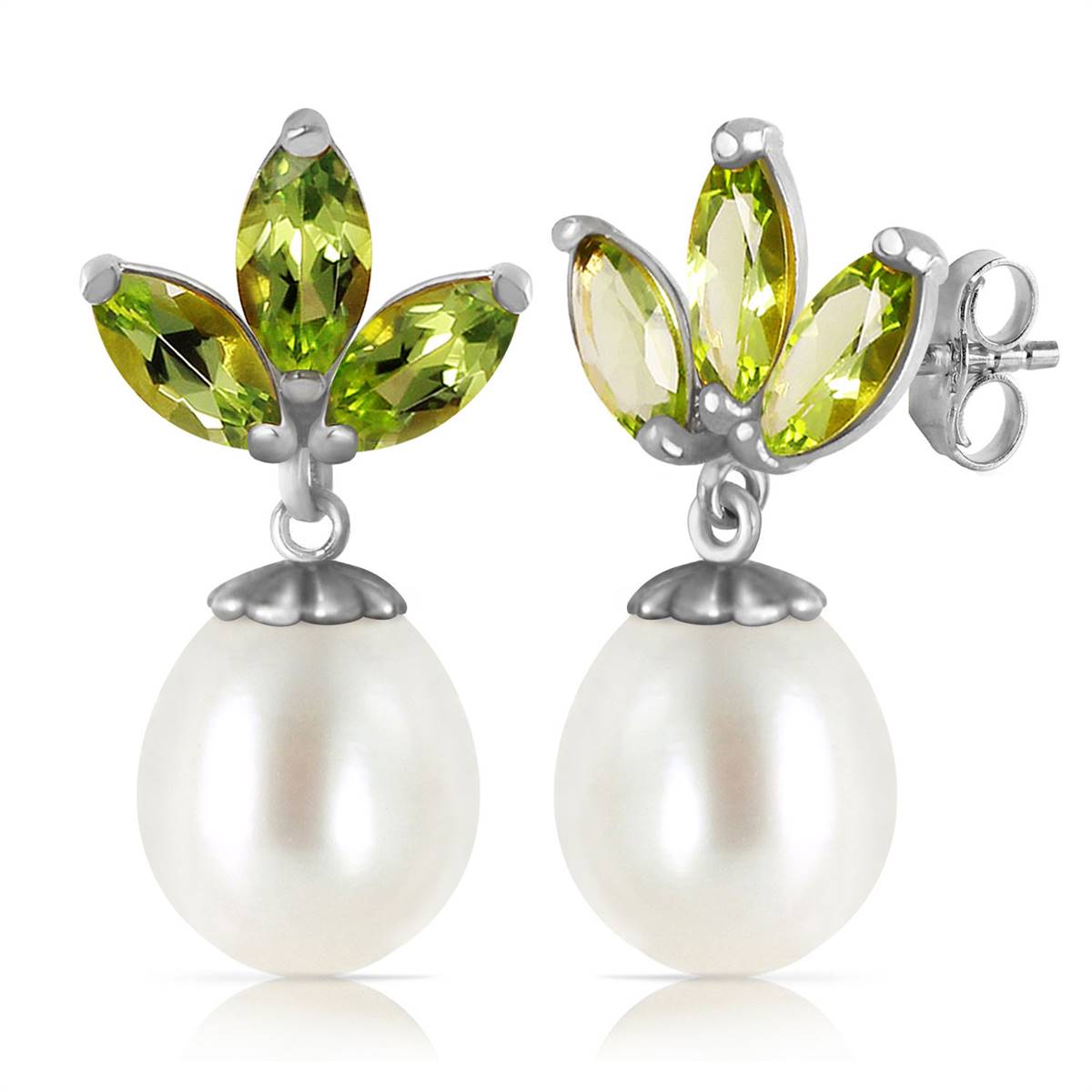 9.5 Carat 14K Solid White Gold Dangling Earrings Pearl Peridot