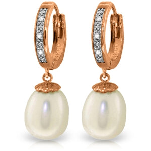 14K Solid Rose Gold Huggie Earrings w/ Diamonds & Pearls
