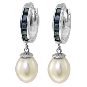 9.3 Carat 14K Solid White Gold Hoop Earrings Sapphire Pearl