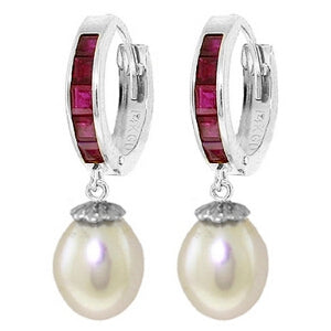 9.3 Carat 14K Solid White Gold Hoop Earrings Ruby Pearl