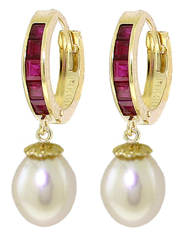 9.3 Carat 14K Solid White Gold Hoop Earrings Ruby Pearl