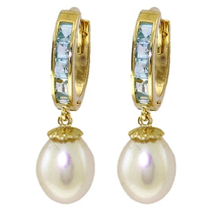 9.3 Carat 14K Solid Yellow Gold Hoop Earrings Aquamarine Pearl