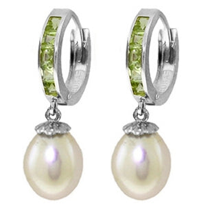 9.3 Carat 14K Solid White Gold Hoop Earrings Peridot Pearl