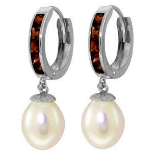 9.3 Carat 14K Solid White Gold Hoop Earrings Garnet Pearl
