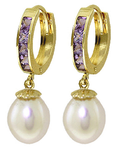 9.3 Carat 14K Solid White Gold Hoop Earrings Amethyst Pearl