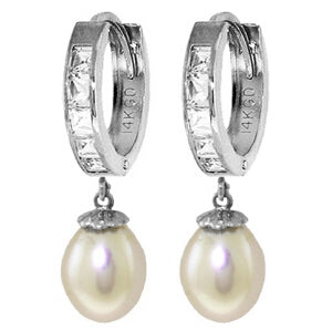 9.3 Carat 14K Solid White Gold Hoop Earrings White Topaz Pearl