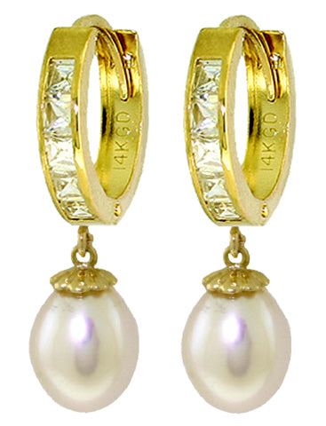 9.3 Carat 14K Solid White Gold Hoop Earrings White Topaz Pearl