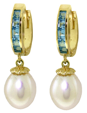 9.3 Carat 14K Solid White Gold Hoop Earrings Blue Topaz Pearl