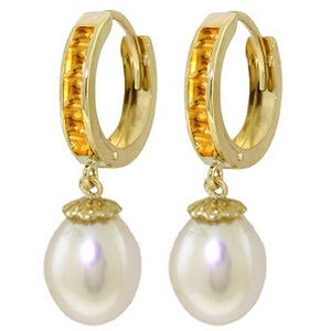 9.3 Carat 14K Solid Yellow Gold Hoop Earrings Citrine Pearl