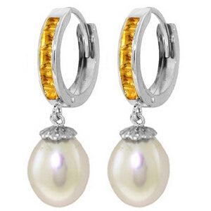 9.3 Carat 14K Solid White Gold Hoop Earrings Citrine Pearl