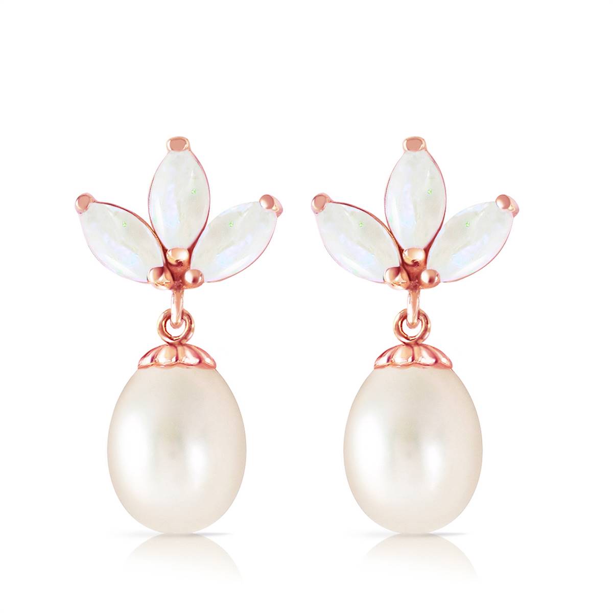 14K Solid Rose Gold Dangling Earrings w/ Pearls & Opals