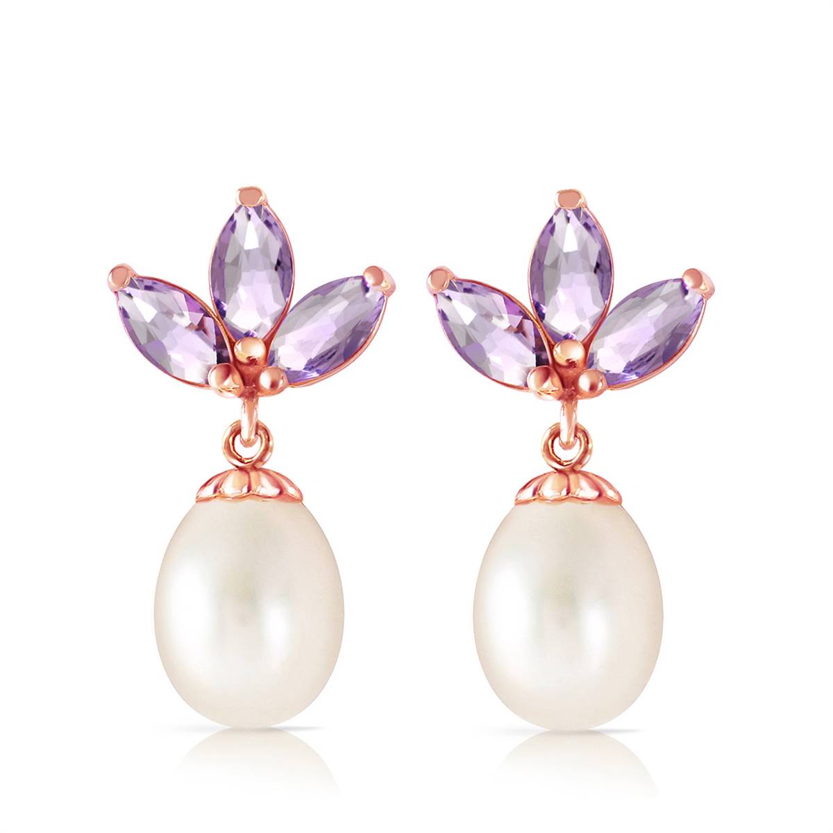 14K Solid Rose Gold Dangling Earrings w/ Pearl & Tanzanite