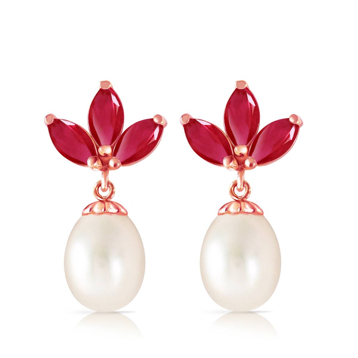 14K Solid Rose Gold Dangling Earrings w/ Pearls & Rubies
