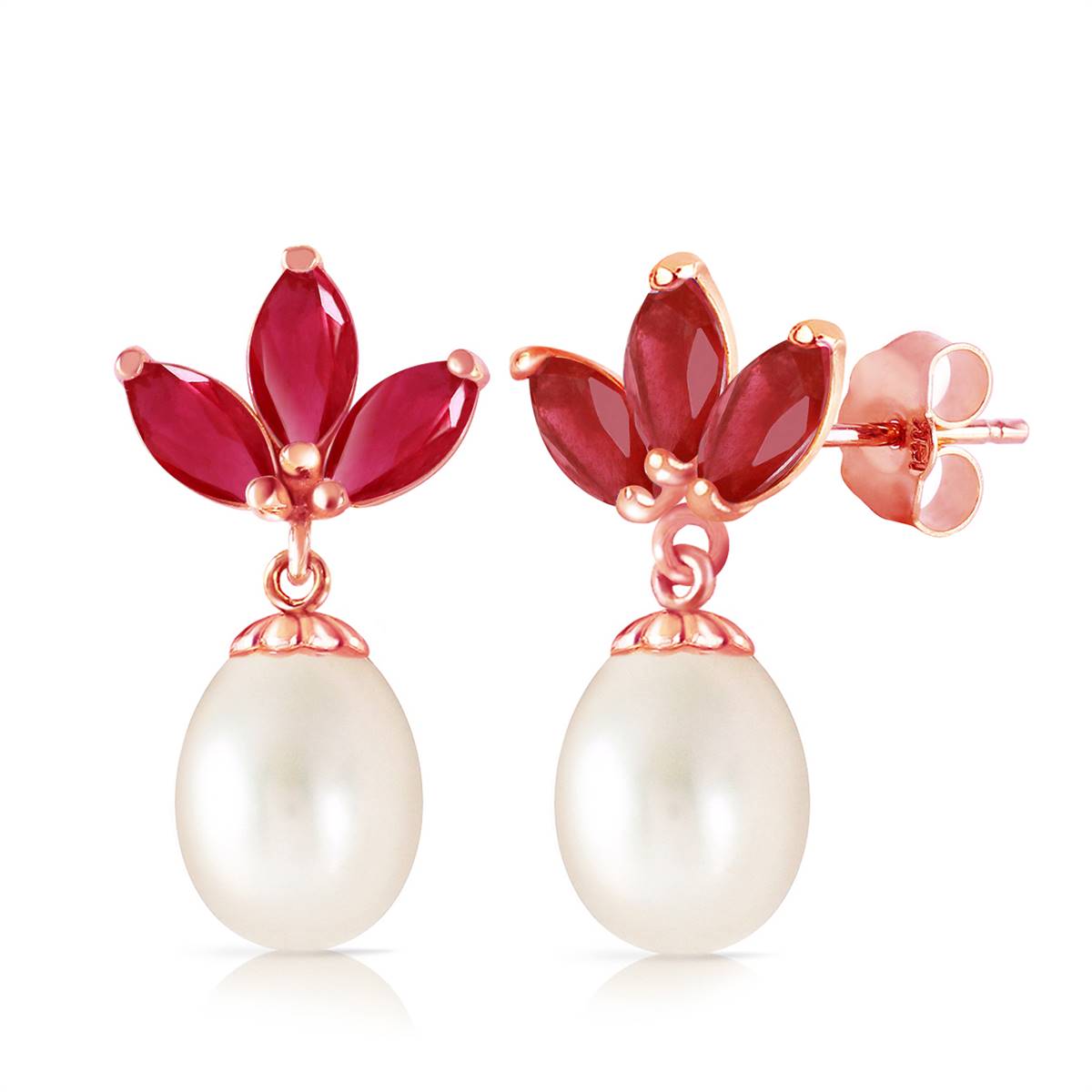 14K Solid Rose Gold Dangling Earrings w/ Pearls & Rubies