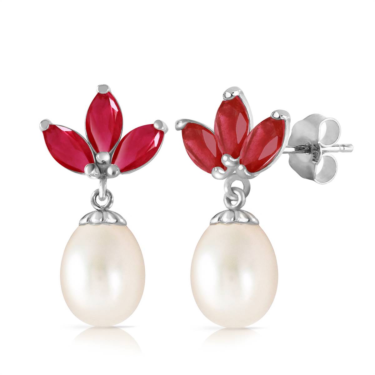 9.5 Carat 14K Solid White Gold Dangling Earrings Pearl Ruby