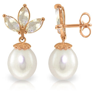 14K Solid Rose Gold Dangling Earrings w/ Pearls & Rose Topaz