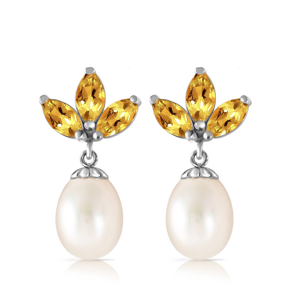 9.5 Carat 14K Solid White Gold Dangling Earrings Pearl Citrine