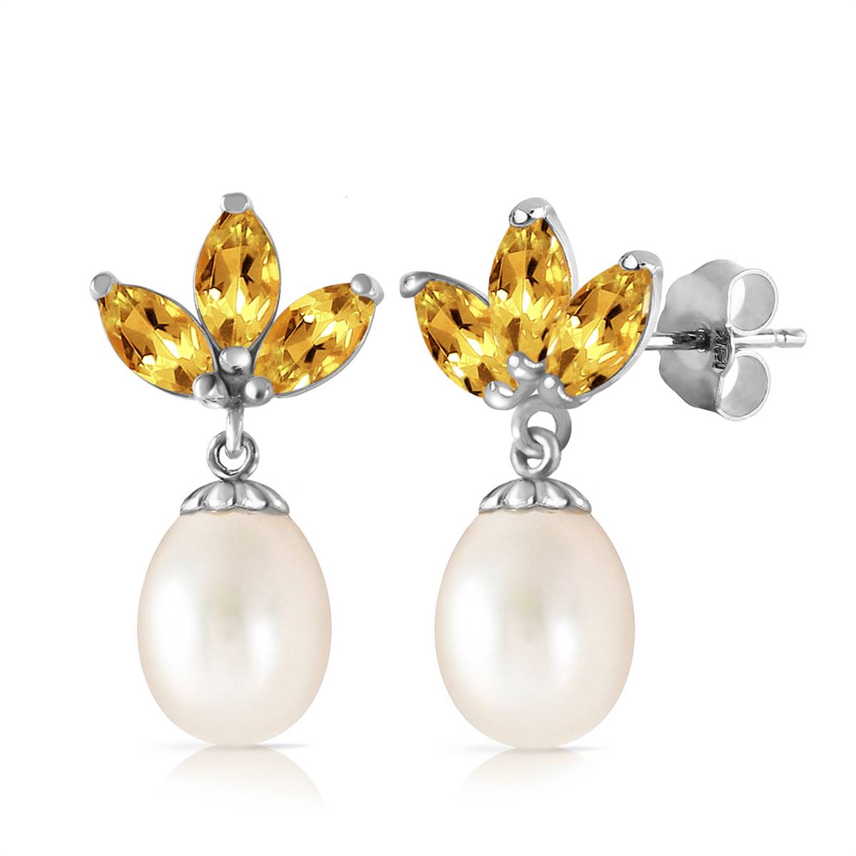 9.5 Carat 14K Solid White Gold Dangling Earrings Pearl Citrine