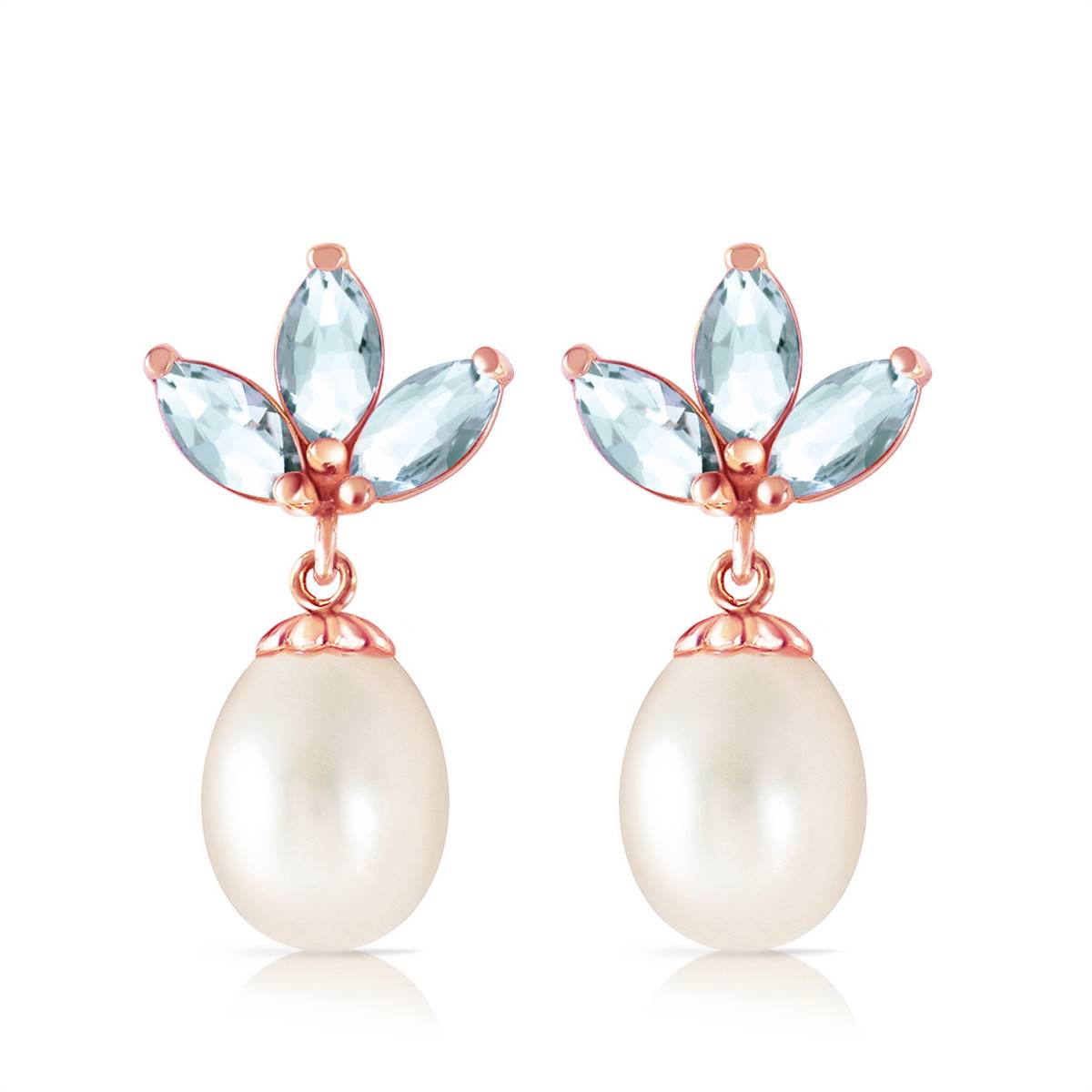 14K Solid Rose Gold Dangling Earrings w/ Pearls & Aquamarines