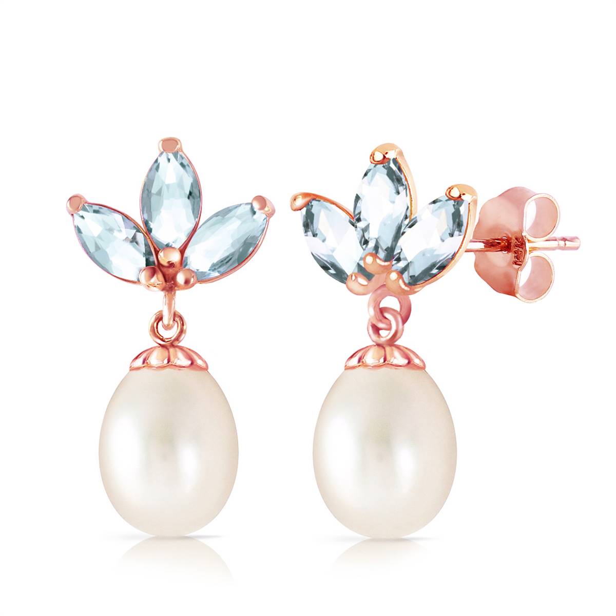 14K Solid Rose Gold Dangling Earrings w/ Pearls & Aquamarines