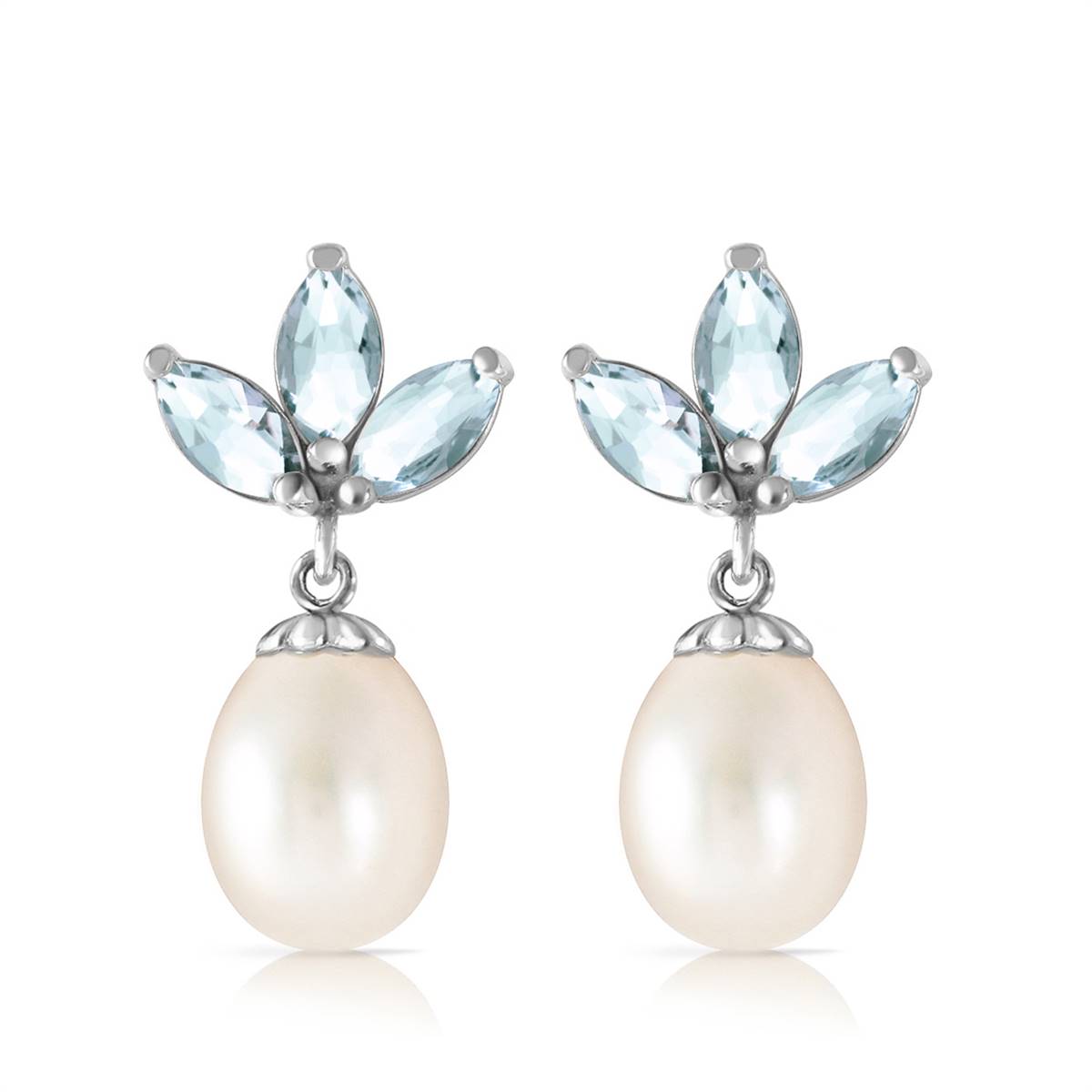 9.5 Carat 14K Solid White Gold Dangling Earrings Pearl Aquamarine