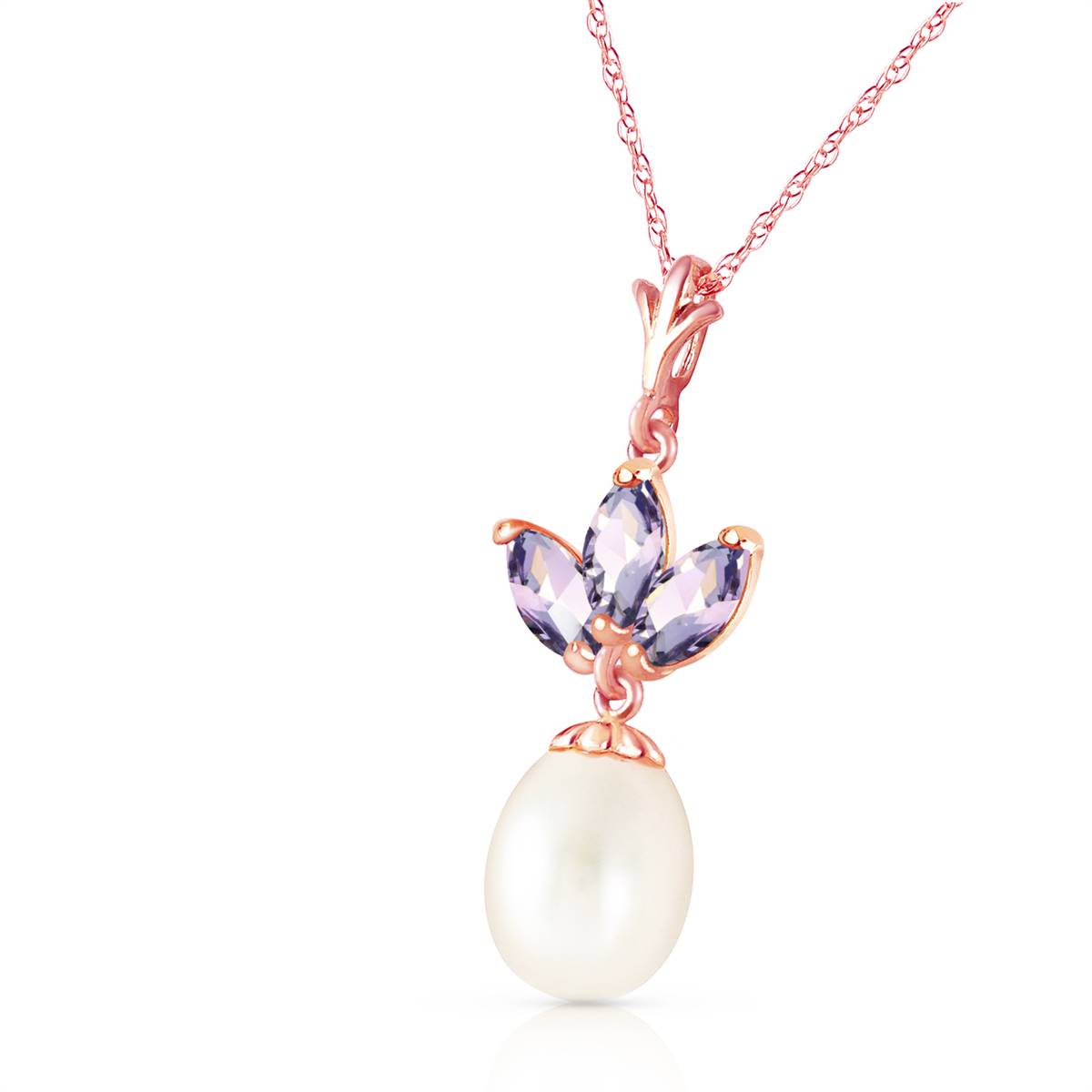 14K Solid Rose Gold Necklace w/ Pearl & Tanzanites
