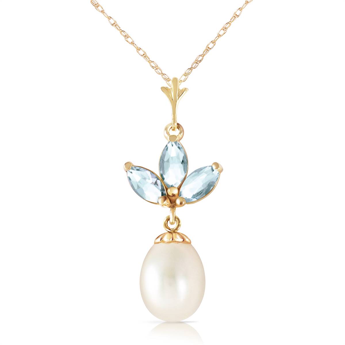 4.75 Carat 14K Solid Yellow Gold Necklace Pearl Aquamarine